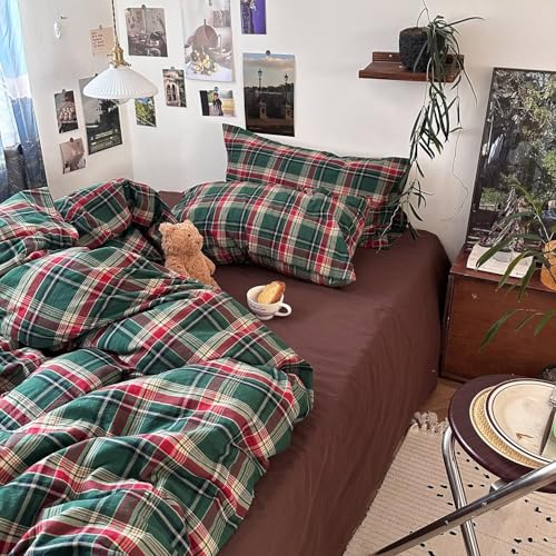 Image of mixinni Vintage Green Buffalo Plaid Washed Cotton Duvet Cover Full - Soft Breathable Textured Bedding Set with Zipper Closure for All Seasons-1 Duvet Cover + 2 Pillow Shams-Full Size