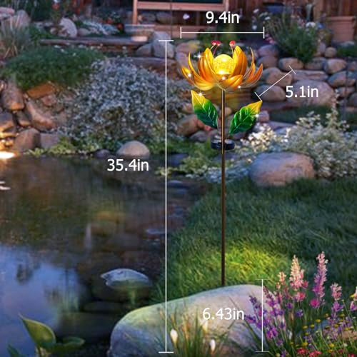Image of Solar Lights Wind Spinners for Yard and Garden - Metal Lotus Flower Windmills LED Crackle Glass Globe Outdoor Garden Decor Yard Art Lawn Ornament