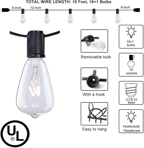 Miniatura 3 de Couah - Tira de luces para patio al aire libre, 10 pies de luces Edison para patio, jardín, porche, patio trasero, fiesta, terraza (más 1 bombilla
