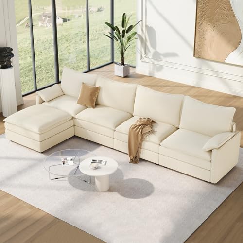 Image of Vesgantti Comfy Cloud Couch Sectional Modular Sofa, Deep Seat Sectional Couch with Ottoman in Chenille, L-Shape Modular Couches for Living Room, Bedroom and Apartment, Beige