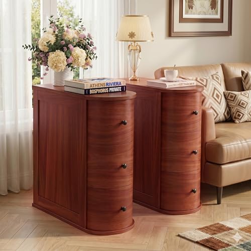 Shintenchi Vintage Nightstand Set of 2 Solid Wood End Table with 3 Drawers Skinny Antique Nightstand Rustic Narrow Night Stands Set of 2 Narrow Bedside Table Set of 2 for Living Room Bedroom Walnut