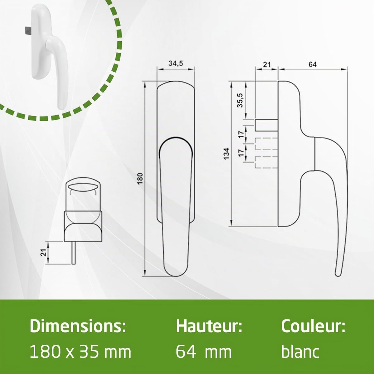Amig - Poignée pour fenêtres oscillo-battantes avec base en aluminium et revêtement en PVC noir avec vis invisibles - 180 x 35 mm - Hauteur 64 mm - Sans carré