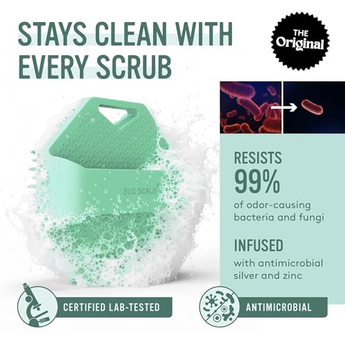 Image of Sud Scrub Antimicrobial Silicone Body Scrubber, Exfoliating Body Scrubber for Sensitive Skin, Eco Friendly Shower Scrubber for Body, Silicone Body Brush for Showering, Lathers Well, Mint