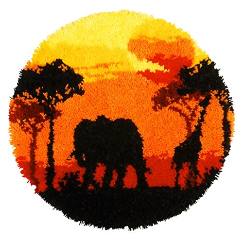 Vorgedruckte Knüpfteppich Set - DIY Elephant Sunset Canvas Häkelteppich Für Geschenke Für Müttertag, Super Einfache Handarbeit Garn Kit Für Aldult / Kind, Lustige Familienaktivitäten, 52 * 52Cm,Für S Cover