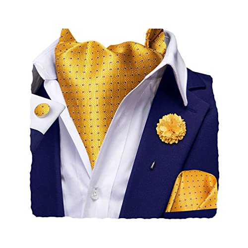 Hi-Tie Silk Ascot for Men Self Tie Men's Yellow Cravat and Flower Lapel Pin Handkerchief Cufflinks Set for Wedding