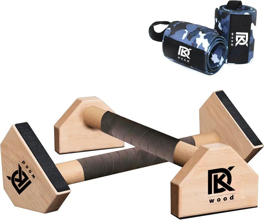 CALI SPORTS Calisthenics Wood Parallettes Bars | Push Up Bar That Will Not Slip or Wobble | Wrist Wraps Included (Long) NATURAL WOOD