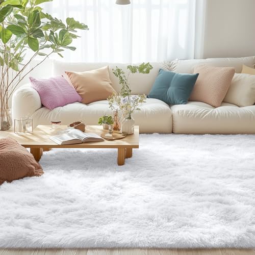 OLANLY 5x7 Machine Washable Large Area Rugs for Living Room, Bedroom, Soft Fluffy Shaggy Bedside Rug, Indoor Floor Carpet for Kids Girls and Boys, Dorms, Nursery, Home Decor Aesthetic, White