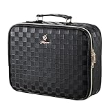 Faquenc Makeup Bag with LED Lighted Mirror 12.2 IN Travel Makeup Bag Adjustable Brightness in 3 Colors Cosmetic Organizer Artist Storage Bag with Dividers Brush Holder Bag Vanity Black Checkerboard