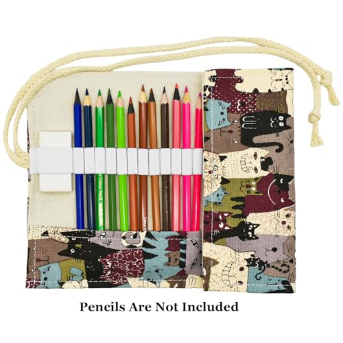 Image of Cat Canvas Pencil Wrap Case Kitty Colored Roll Up Holders Kitten Pencil Organizers for Artist Adult Sketch Travel Storage With 72 Slots(Animals)