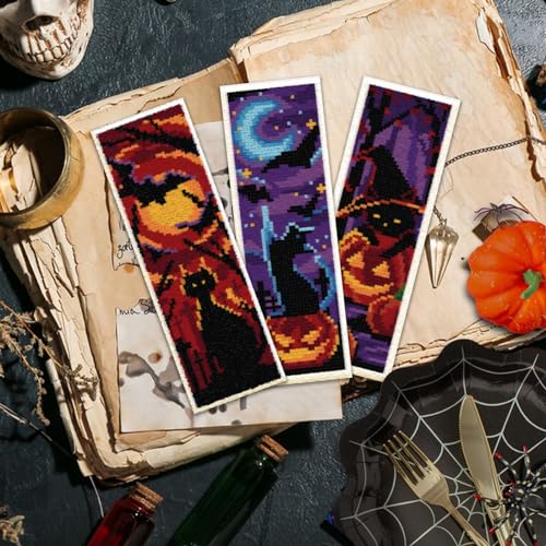 Image of ACRNIGHEET 6PCS Cat Cross Stitch Bookmark Kit DIY Halloween Bookmarks Cross Stitch Kit for Adult Beginners Pumpkin Cross-Stitch Stamped Kits 8.7x3.1inch Stamped Embroidery Bookmark with Instructions