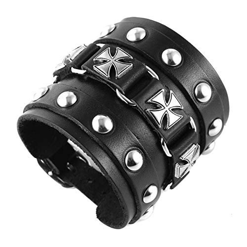 Men's Wide Cuff Wristband Punk Rock Motorbike Wide Belt Leather Bracelet (Black-A) #TOP2
