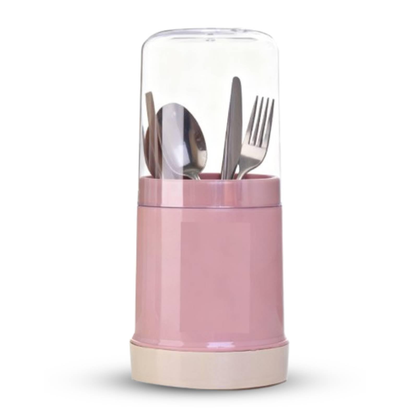 Kitchen Utensil Holder with Cover, Covered Cutlery and Utensil holder, Wall Mounted Countertop Plastic Silverware Holder Utensil Drying Rack for Cutlery, Chopstick, Spoons, Forks, (Rose)