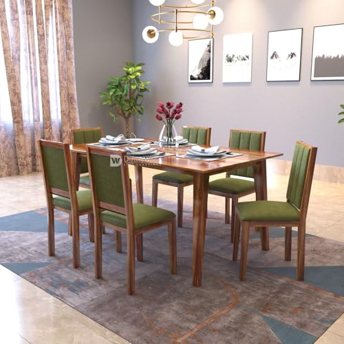 Image of DRIFTINGWOOD Tiya Dining Table 6 Seater | Six Seater Dinning Table with 6 Chairs in Green Cushions for Home | Rosewood, Honey Finish, Self Assembly(DIY)