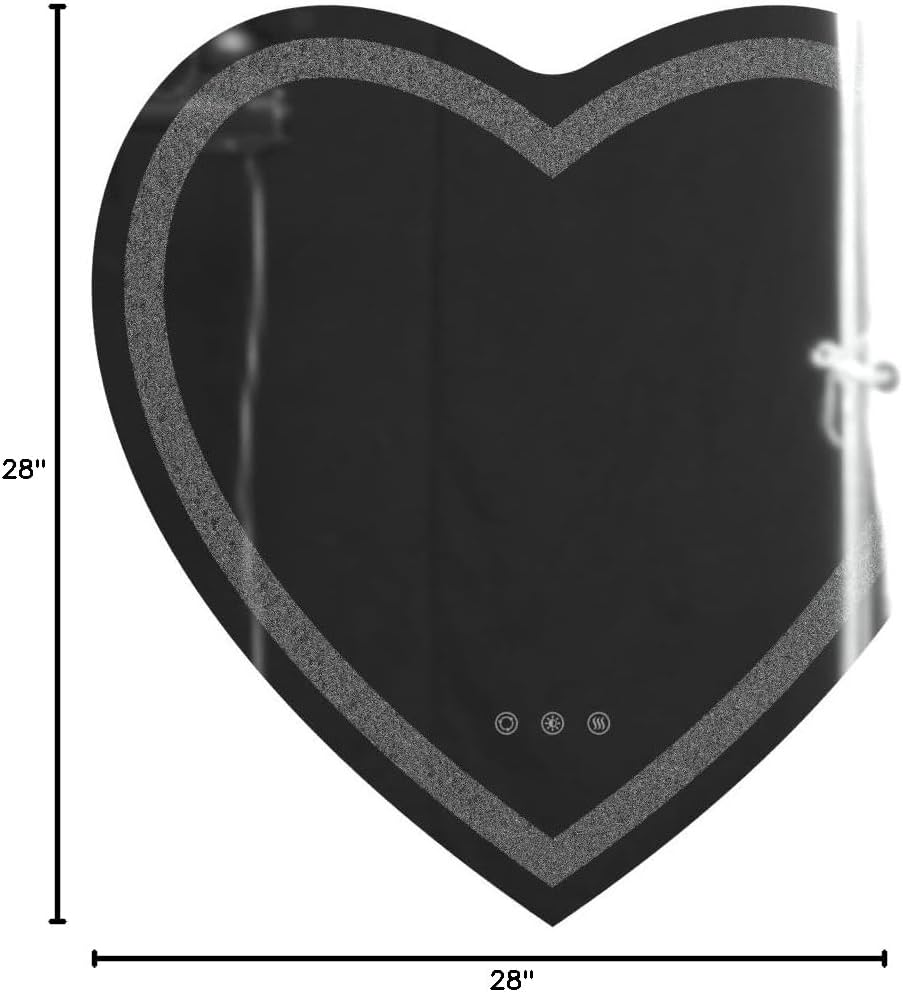 24x24 Heart Shaped Mirror Crushed Diamond, RGBWY LED Heart Vanity Mirror with Lights, 3 Lighting Modes and 7 Static Colors, Wall Mounted LED Bathroom Mirror, Dimmable, Memory Function