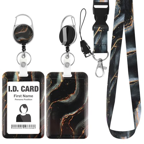 Amabro Marble Print Badge Holder, Plastic ID Badge Holder Retractable Badge Reel Clip with Breakaway Lanyard Vertical Card Protector Keychain Name Card ID Sleeve for Men Women(Black)