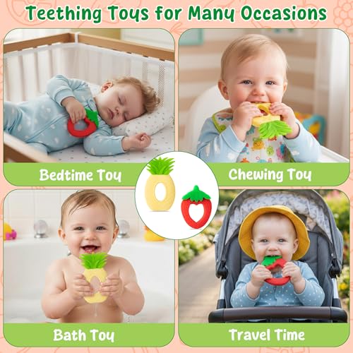 Image of Silicone Teething Toy for Babies - 2Pcs Strawberry Grape Soft Sore Gums Pain Teether Infant Summer Fruit Themed Food Grade Teething Relief Chew Toy for Toddler Birthday Newborn 6-12 Months Baby Shower