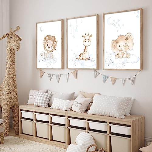 Cartoon Animal Canvas Wall Art Nursery Art Wall Decor Moon And Star Painting Cute Animal Pictures For Wall Cute Lion Elephant Painting Baby Animal Posters And Prints For Kids Room 12X16Inch Unframed #TOP11