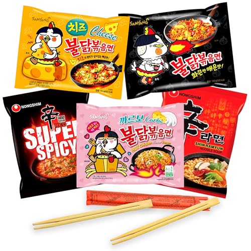 Pacote de 5 Ramen seleção Top Cia & Co com Samyang Buldak frango Hot, carbonara, frango Curry, Nongshim Spice e Super Spicy. Inclui 2 pares de pauzinhos. Macarrão instantâneo coreano.