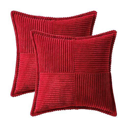 Image of MIULEE Decorative Throw Pillow Covers for Couch Bed Livingroom 18x18 Inch Set of 2 Red Boho Accent Throw Pllows Broadside Striped Patchwork Soft Corduroy Pillowcases
