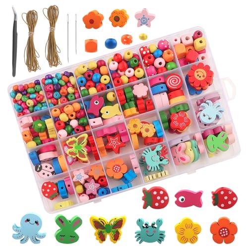 JTgugu 550 perles en bois colorées à enfiler, kit de création de bijoux, perles en bois pour enfants, avec trou pour enfiler, perles pour création de...