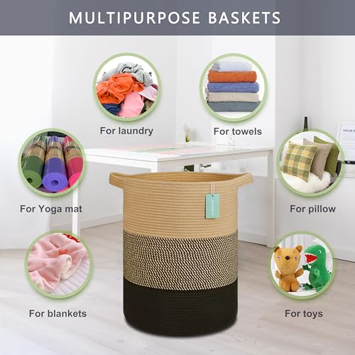 Image of Cotton Rope Blanket Basket, 72L Tall Laundry Hamper, Brown & Black | 16 inchx 22 inch, Large Collapsible Woven Nursery Hamper with Sturdy Handles for Clothes Toys Towels, Bedroom Living Room Bathroom