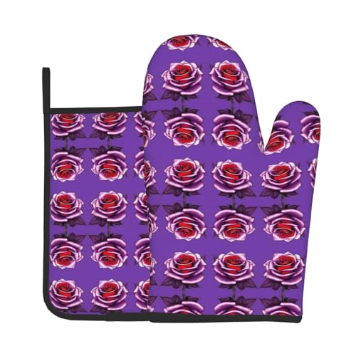 Lot de 2 gants de cuisine, gants de cuisine et tapis de four, motif rose fuchsia