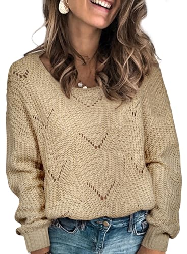 Dokotoo Womens Juniors Crewneck Fall Sweaters for Women Long Sleeve Solid Hollow Out Fashion Casual Loose Plain Chunky Knit Pullover Sweaters for Women Jumper Outerwear Khaki Medium