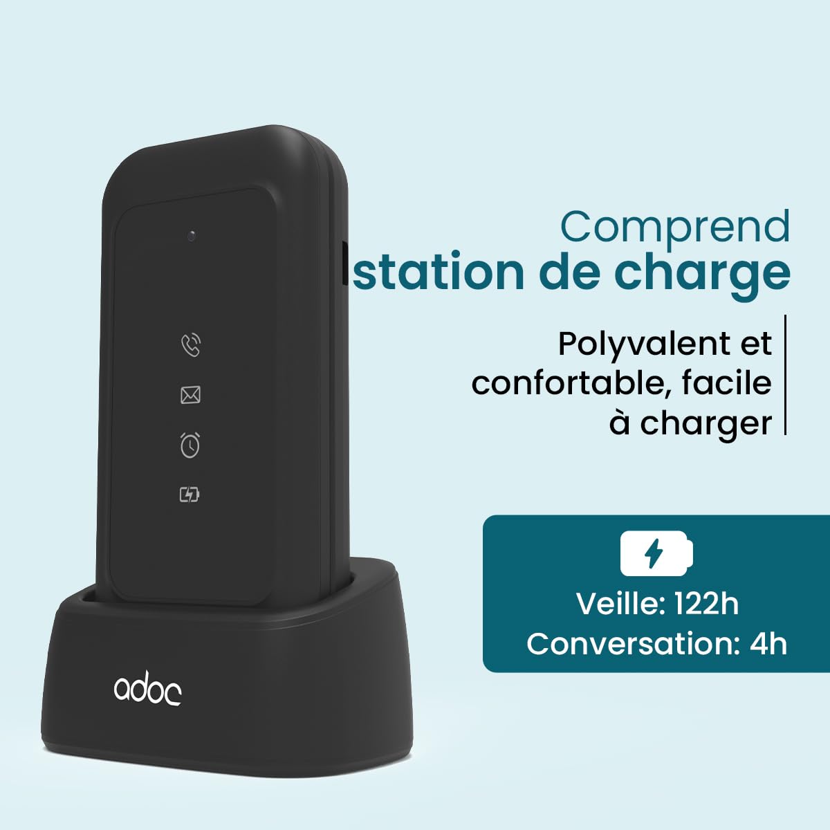 ADOC SC04 Téléphone portable 4G avec WhatsApp, écran tactile, vidéoconférence, grands boutons, bouton SOS, facile à utiliser, batterie longue durée, Bluetooth, Wi-Fi, Android 12.