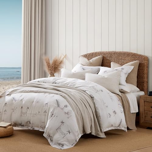 HiEnd Accents Seaside Lyocell 3 Piece King Comforter Set, Taupe Palms Hammock Paddle Boat Beach Print Coastal Bedding, Classic Chic Casual Bed Set, 1 Comforter and 2 Pillow Shams