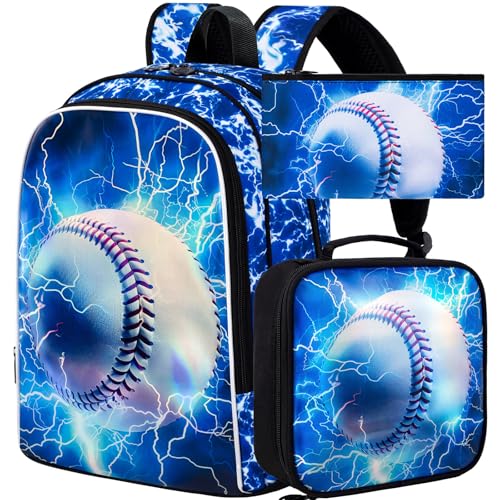 KLFVB 3PCS Boys Bookbag, 17" Kids Backpack and Lunch Box, Water Resistant Teenagers School Bag for Middle Elementary - Lightning Baseball