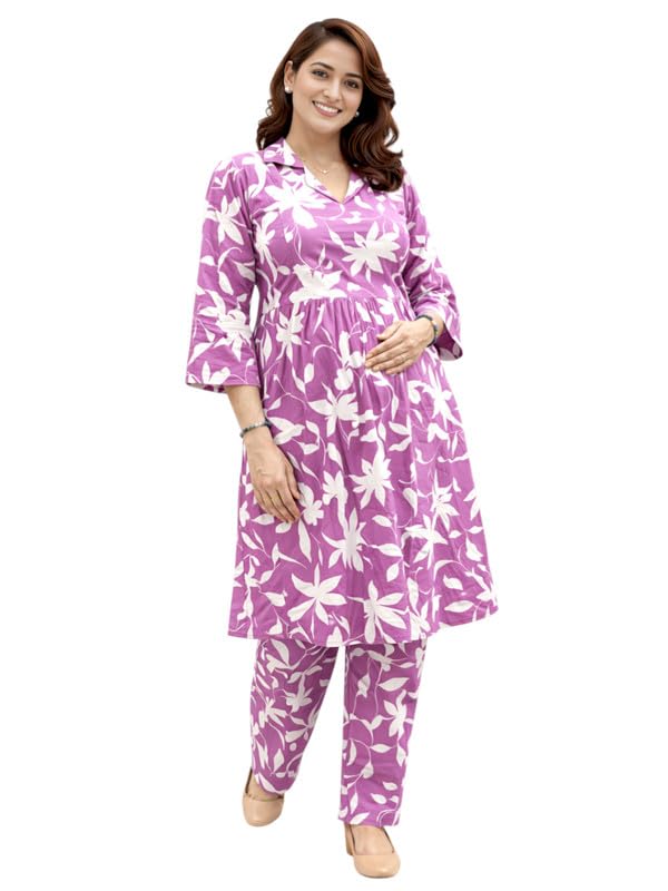 Image of RITIJYA Pure Cotton Feeding Kurta Pant Set for Women | Floral Anarkali Pregnancy Dress with Concealed Nursing Zipper Side Pocket | Pre & Post Partum | Maternity Dresses | Baby Shower Outfit