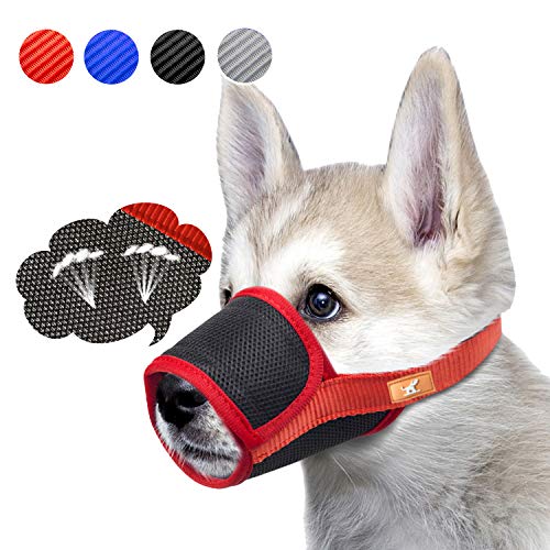 Dog Muzzle Breathable Mesh Mask Stop Biting, Barking and Chewing, Cover with Hook & Loop for Dogs, Adjustable (L,Red)