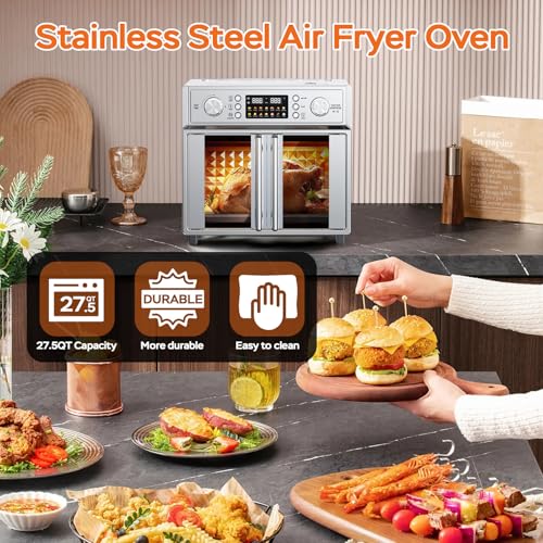 Image of Plum chef 27.5QT French Door Air Fryer Toaster Oven Combo, Countertop Oven with 14 Presets & Digital Control, Extra Large Toaster Oven for Baking, Roasting, Accessories Includes,Stainless Steel