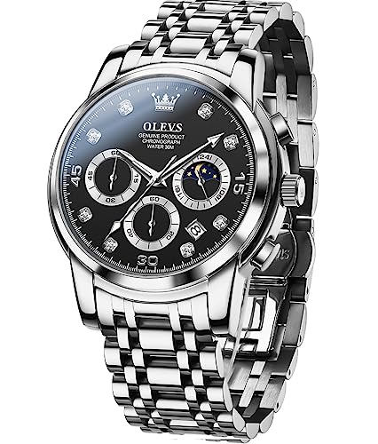 OLEVS Silver Watches for Men Black Chronograph Stainless Steel Mens Watches Big Face Classic Luxury Men's Wrist Watches with Date Waterproof Dress Male Watches, Reloj de Hombre