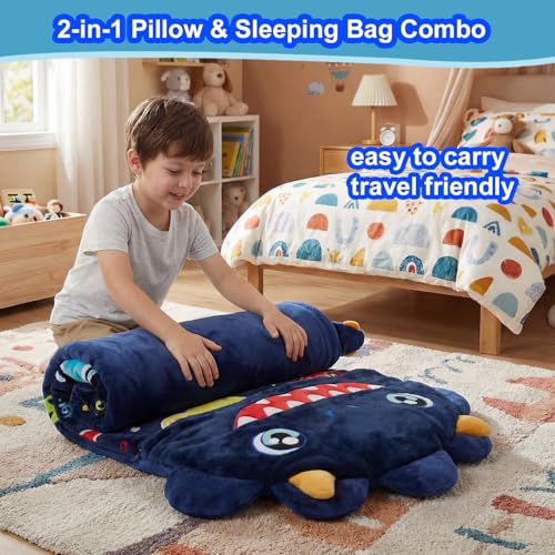 Image of Kid Sleeping Bag with Pillow - Larger Nap Mat - Plush Slumber Bag for Boys Girls Daycare Preschool Kindergarten Birthday Gift Travel Sleepover Ages 3-12 Years