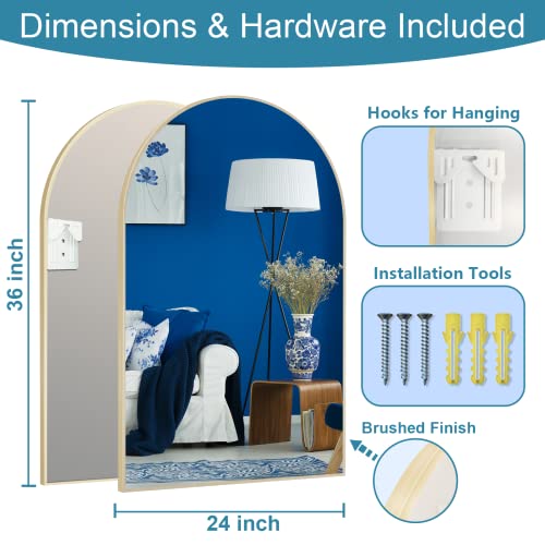 Fennio Wall Mirrors For Bathroom, Bedroom, Living Room - 36 X 24 Inch Arched Wall Mounted Make Up Vanity Mirror, Aluminum Frame Wall Decor Mirror, Brushed Copper Gold #TOP3