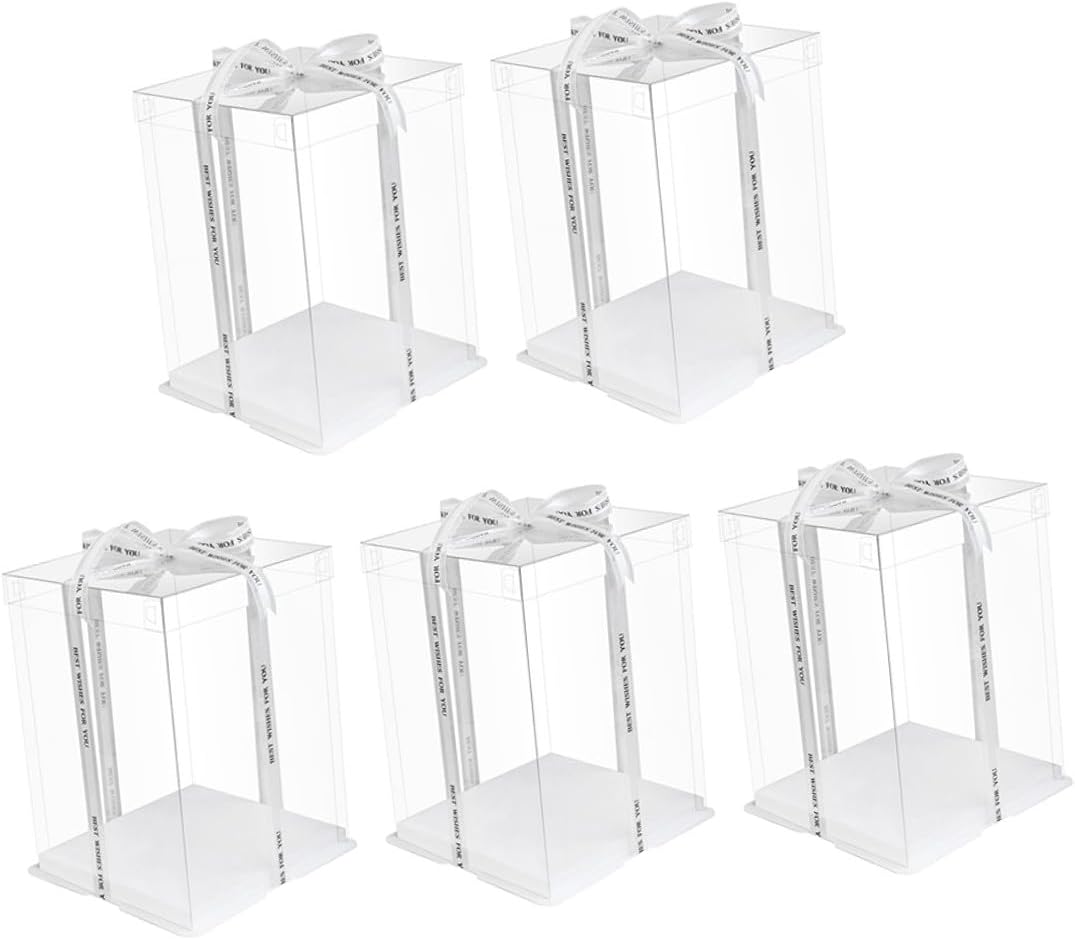 8-inch Square Cake Carrier Box Set of 5, Double-layer Food-grade Plastic Dessert Packing Container with Ribbon for Birthday and Party Cake Storage