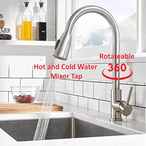 Image of SS-304 Pull Down Sprayer Kitchen Hot and Cold Sink Mixer Tap with 360 Swivel Spout and Pull Out Multifunction Spray Head Faucet - Regular (Flora Matt Silver)