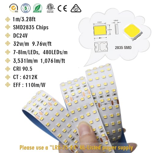 Image of 2835 White High CRI 90 LED Strip Light - Bright Color Quad Row Flexible LED Tape Lights 24V- IP20-3,530 lm /m for LED Industrial and Photographic Lighting (1m /3.28' Daylight White)