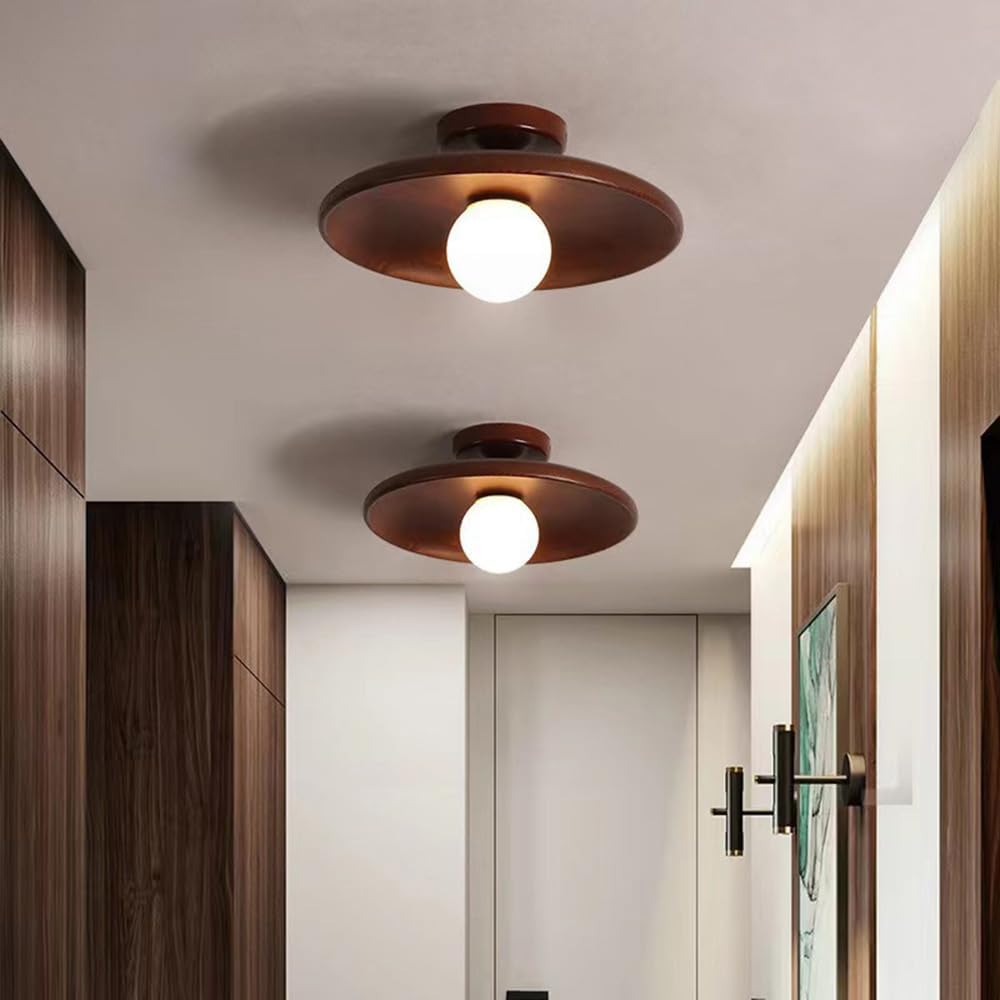 LITFAD Saucer and Ball Flush Mount Ceiling Light Fixture Simple White Glass 1-Light Ceiling Lamp Wood Ceiling Light for Bedroom Dining Room Corridor, 110V-120V Walnut 11"(28cm)