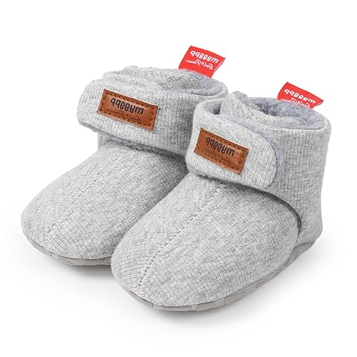 E-FAK Newborn Baby Cozy Fleece Booties with Grippers Winter Slippers Socks Soft Sole Stay On Infant First Walker Crib Shoes(11 Light grey, 0-6 Months)