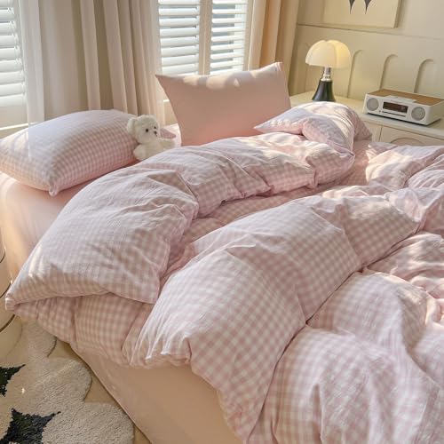 Image of mixinni Light Pink Gingham Duvet Cover Set Twin XL Size - 100% Washed Cotton 3 Piece Plaid Checkered Bedding Set, Soft Comfy Grid Farmhouse Comforter Cover with Zipper Closure & Corner Ties