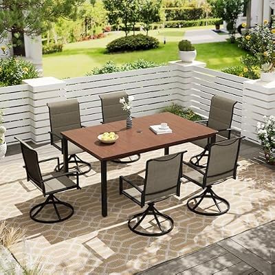 VICLLAX 7 Pieces Outdoor Dining Set, Patio Furniture Set of 6 Padded Patio Swivel Dining Chairs and Rectangular Patio Table for Lawn Garden Deck, Mixed Brown Chairs & Walnut Tabletop