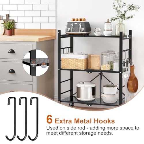 Image of Himix 3 Tier Foldable Storage Shelf with Wheels 6 Hooks No Assembly Black | Metal collapsible organization, Folding shelves rack, Wire shelving, Unit rolling cart, Kitchen, Garage, Holds 792 Ibs