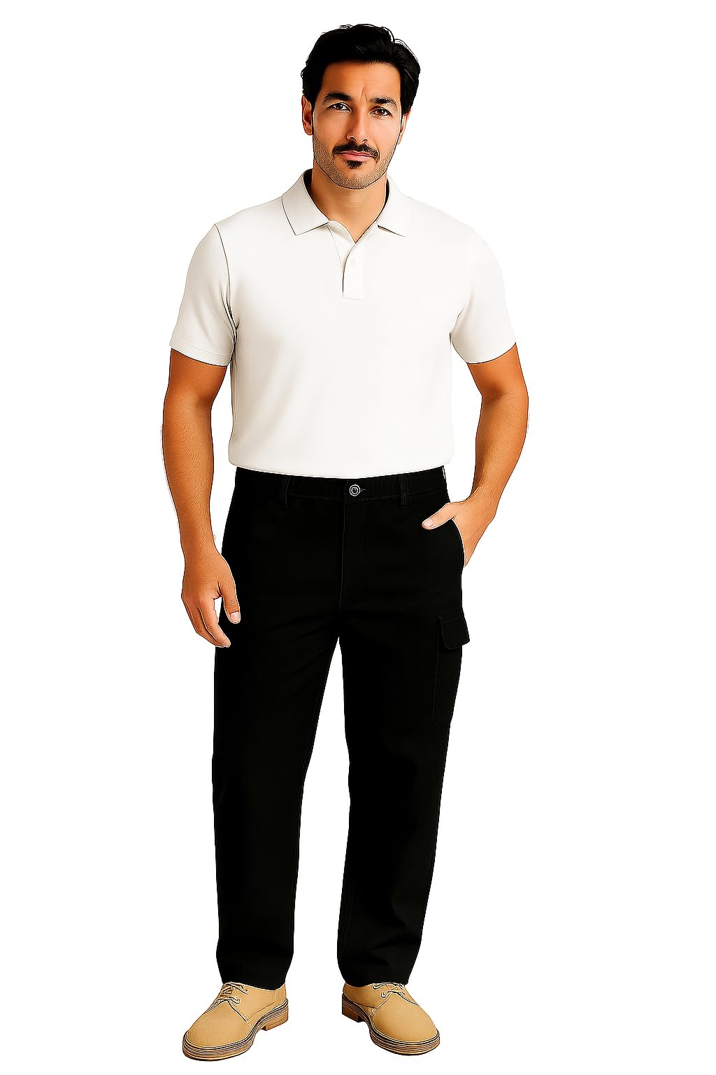 Men's Cargo Trousers, Elasticated Waist, 6 Pockets, Open Hem, Chino Style - 2388 (UK, Waist & Inseam, 44, 31, Black)