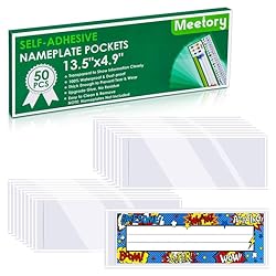 Meetory 50 Pieces 13.5” x 4.9” Transparent Nameplate Pocket Self-Adhesive Clear Plastic View Name Tag Sleeves for Classroom Desk, Office Supplies(NOT Include Name Tags)