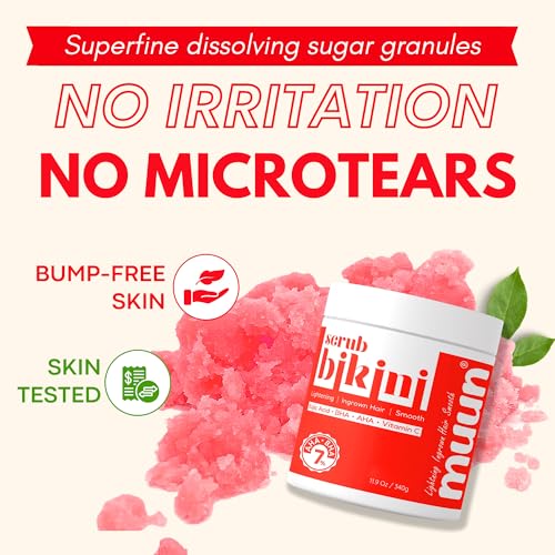 Muun Bikini Area Exfoliator, 2% Kojic Acid Vitamin C & 7% AHA/BHA Even Skin Tone & Ingrown Hair - Underarm Scrub - Radian, Smoothe & Soften Body Scrub