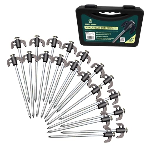 Green Haven 20 Pack Heavy Duty Tent Pegs - Durable Galvanised Steel Ground Stakes Rust-Resistant Tent Pegs Metal Heavy Duty for Camping, Gazebos, Hiking & Outdoor