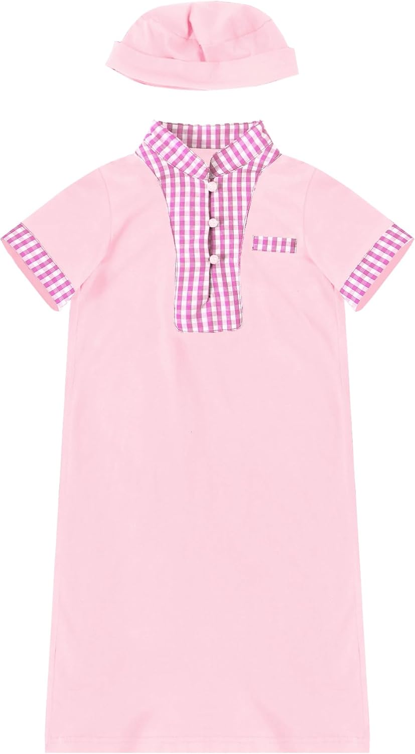 iiniim Infant Short Sleeve Kaftan Thobe Gingham Placket Abaya Robe 1st Ramadan Outfit Prayer Clothes