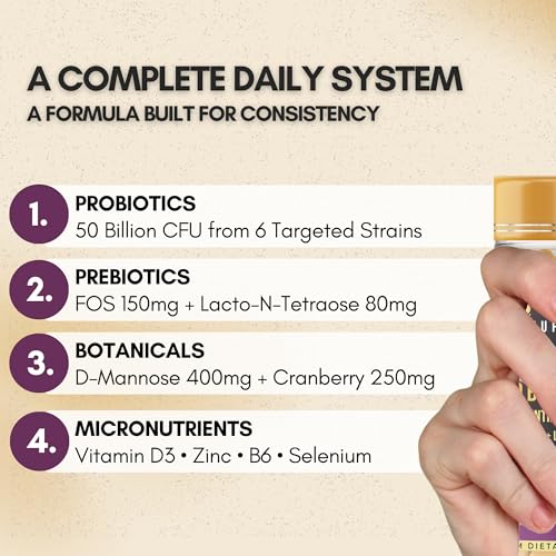 Image of Women's Probiotic 50 Billion CFU | Vaginal, Urinary Microbiome & Gut Health Support | 6 Strains Probiotic for Women with D-Mannose + Cranberry + LNT Prebiotic | 120 Capsules (60-Days)